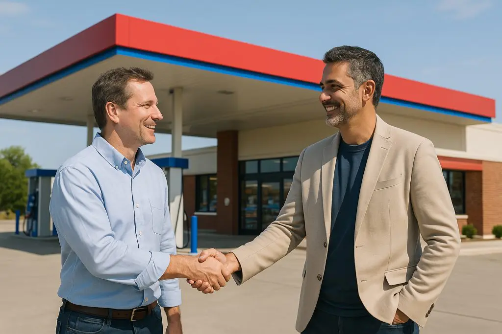 two businessmen shaking hands in front of a gas station with convenience store
